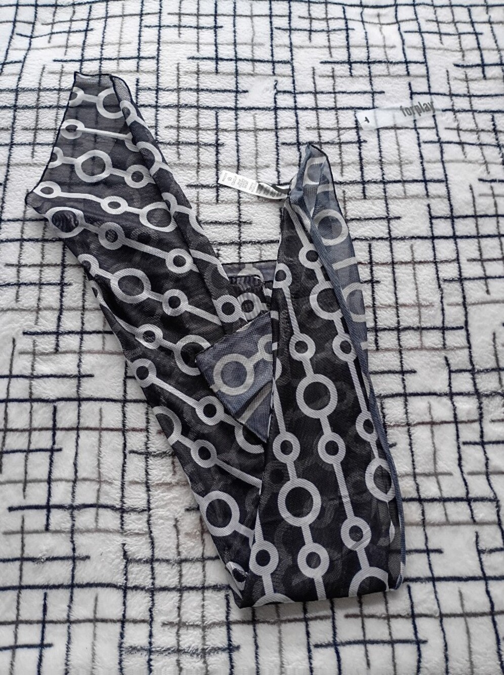 Forplay Brand Sheer Black & Gray Geometric Scarf 29"x29"  -TWO SNAGS